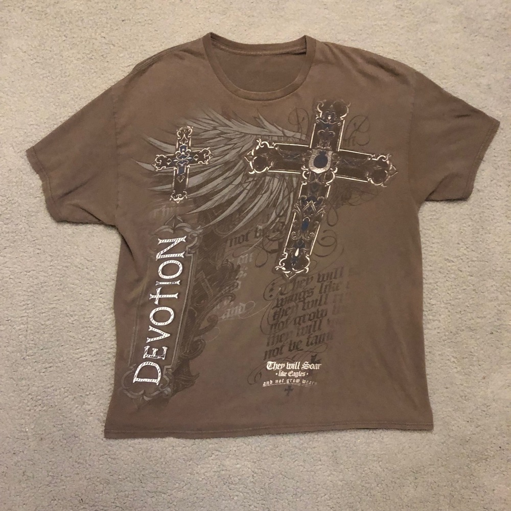 Y2K Vtg 2000s Devotion Cross Graphic T Shirt Brown XL Affliction MMA Grunge‎ Tee